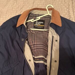 London Fog Men's Navy Raincoat with Brown Collar